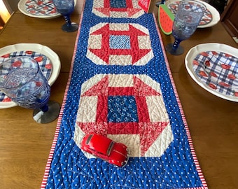 Quilted Patriotic Table Runner, Red White and Blue, Handmade Decor (42x15 inch)