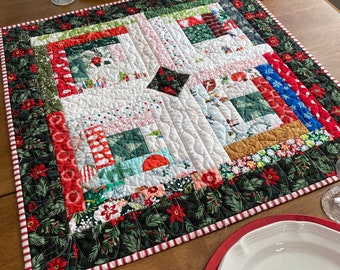 Christmas quilted table topper, 20+ designer holiday prints Christmas table decor, Christmas quilt, log cabin blocks patchwork centerpiece
