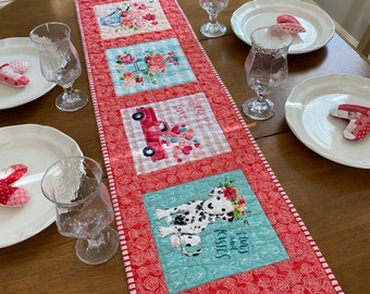 Valentines quilted table runner, puppy red truck valentine print table topper, quilted Valentine topper, red pink teal Valentine centerpiece