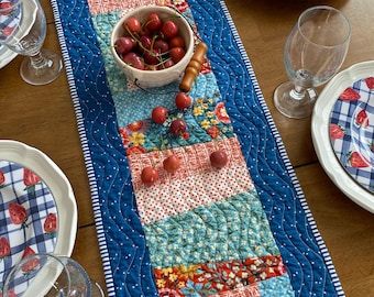 Handmade Quilted Table Runner: Floral Patchwork, Blue Borders (43” x 12”)