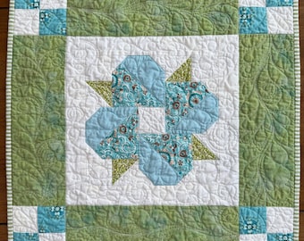 Handmade Blue Green White Flower Quilt, Spring Table Square, Easter Centerpiece Quilted Decor