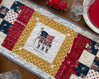 Quilted Americana Table Runner: Red White Blue Gold 4th of July Decor