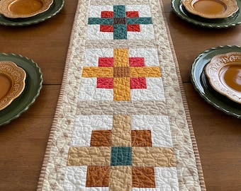 Fall Quilted Table Runner: Earth Tones Cross Block Centerpiece