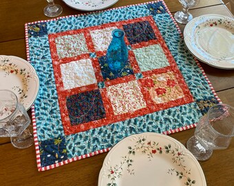 Nativity Christmas quilted table mat, red blue aqua Christmas table topper, holiday table topper, 22 x 22 inch square, Christmas centerpiece
