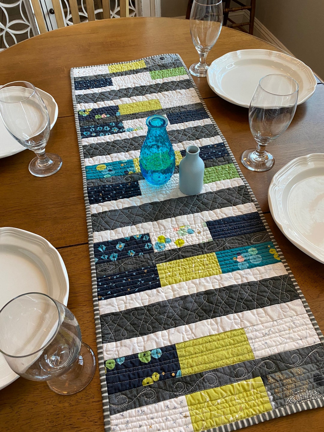 Modern Quilted Table Runner Gray and Teal Modern Table Mat Etsy