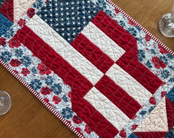Red White Blue Flag Quilted Table Runner, Patriotic Patchwork Table Decor