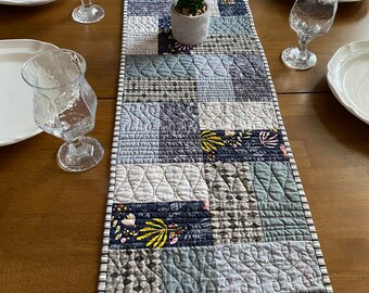 Modern gray quilted table runner, Modern table topper, long narrow runner with different gray prints, gray quilted table topper or mat