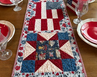 Red White Blue Flag Quilted Table Runner, Patriotic Patchwork Table Decor