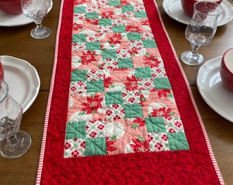 Handmade retro quilted Christmas table runner of red green and pink, poinsettia holiday table decor, pink Christmas, quilted red runner, mat