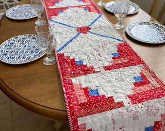 Extra long Red White Blue quilted table runner, 4th of July table decor, Summer quilted runner, patriotic table topper, patriotic dining mat