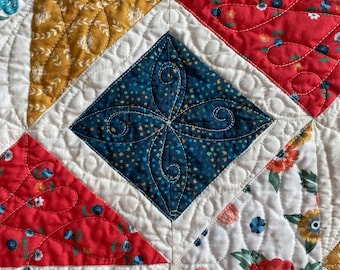 Handmade Quilted Table Topper 19 x 19inches,  Blue, Red, Gold Floral Patchwork mini quilt