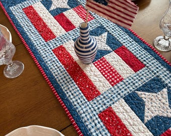 Handmade American Flag Quilted Table Runner, Patriotic Gingham Border Decor