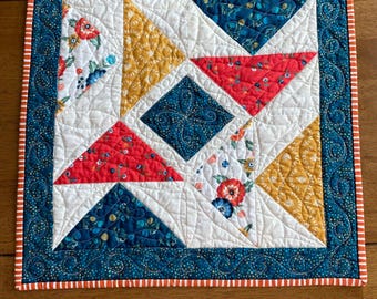 Quilted Table Topper: Teal, Salmon, Red Floral Patchwork