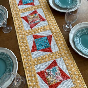 Quilted Table Runner, Bright and Cheerful Patchwork , Yellow, Orange, Pink & Blue  Handmade 38 x 13 inches, Spring or Summer Table Decor