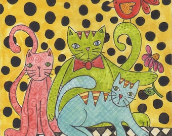 3 Cats with bird friend original watercolor 6 x 6 inches, polka dots, cat art, mini art, cat lover, nursery art, mini art, folk art painting
