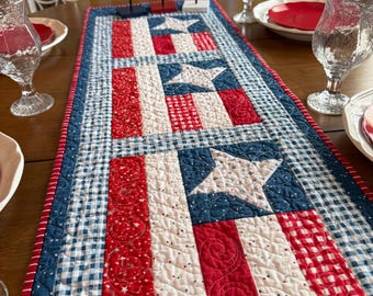 Handmade American Flag Quilted Table Runner, Patriotic Gingham Border Decor