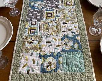 Modern quilted table runner, Modern table topper, sage green, gray cream blue modern designer fabric table topper, modern green table runner