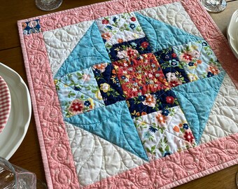 Quilted topper w/floral fabrics in blue, pink, aqua, white and red quilted table square, patchwork table quilt, quilted summer centerpiece