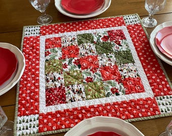 Christmas Quilt Table Topper: Red & Green Holiday Decor, 21" Square