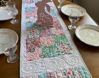 Quilted Spring table runner pink green aaua yellow Easter table decor, pastel table runner Easter patchwork quilted centerpiece Spring decor