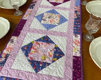 Quilted 57" purple  floral table runner  lavender floral table decor, pastel table runner Easter patchwork quilted centerpiece Spring decor