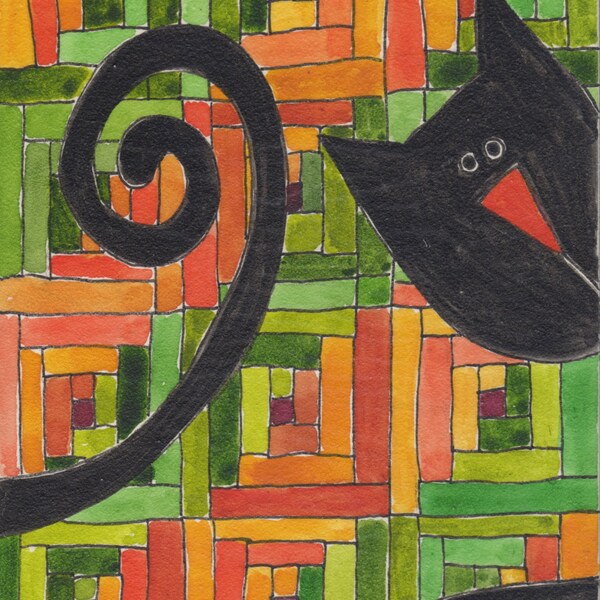Gatto gatto trapunta, acquerello originale di Pam Schoessow a bordo di 5 "x 7" con cavalletto, gatto nero, verde, arancio, pittura mini, regalo per quilters,