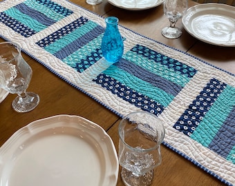 Modern quilted table runner w/ navy & aqua blocks and white borders, bright happy  Summer or anytime table topper centerpiece, 4th of July