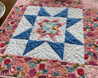 Handmade Star Quilted Table Topper: Pastel Pink & Blue Floral, 22" Square