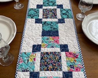 Handmade Quilted Floral Table Runner: Modern Navy Aqua Centerpiece