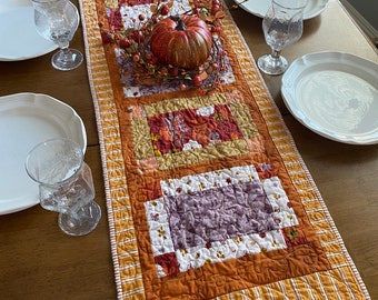 Thanksgiving Autumn quilted table runner,Fall table decor, quilted kitchen table topper,orange rust purple gold floral, harvest table decor