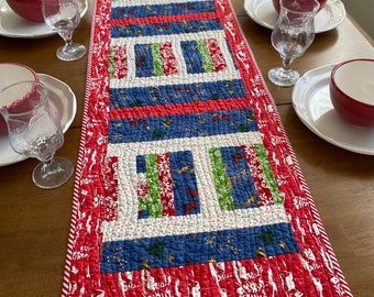 Long quilted Christmas table runner of red blue & white,quilted Holiday decor, quilted winter runner, Christmas table topper, Holiday dining