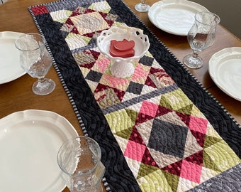 Elegant quilted black bordered star block table runner with pink green, dark red & gray floral prints table topper, classic patchwork runner