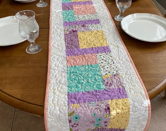 Quilted Spring floral extra long table runner in lavender aqua yellow coral & white, quilted table topper,Easter centerpiece,handmade runner