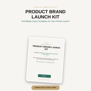 May include: A digital template kit featuring the text Product Brand Launch Kit and 38 Editable Canva Templates for Your Product Launch. The design includes a central document with a dark green Start Here button and a Works with Canva Free badge.