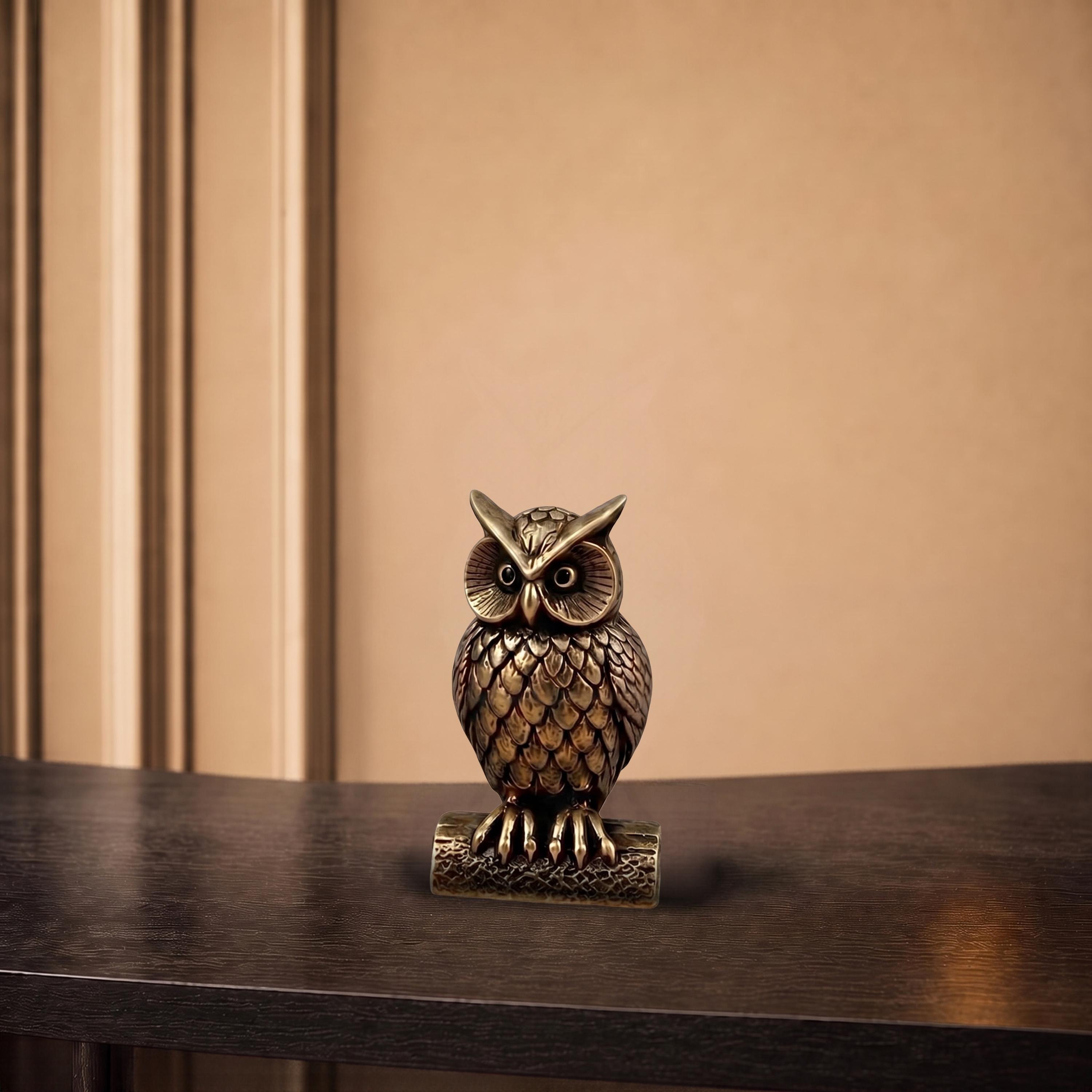 Brass Owl Figurine, Vintage Mini Bird Sculpture, Rustic Desk Ornament, Home Office Collectible Gift