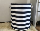 Navy & White Stripe Fabric Storage Laundry Hamper, Canvas Basket, Toy Nursery Organizer, Bin - Choose Size