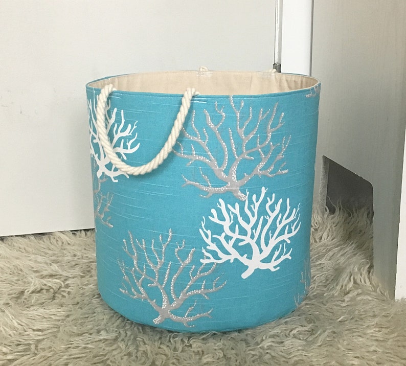 Coastal Coral Fabric Storage Laundry Hamper Canvas Basket Etsy