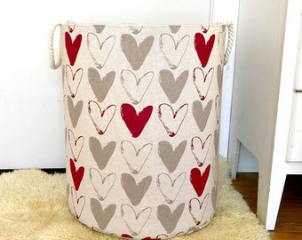 Scandinavian Hearts Fabric Storage Laundry Hamper, Canvas Basket, Toy Nursery Fabric Organizer - Red Gray Natural Fabric  18" Tall