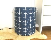 Sailor Anchor Navy Fabric Storage Laundry Hamper, Canvas Basket, Toy Nursery Organizer, Storage Hamper - Choose Size