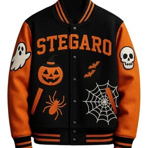 Unisex Halloween Pumpkin Varsity Jacket, Spooky Patchwork Orange Black Letterman Bomber