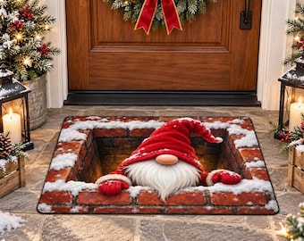 3D Kerstkabouter Schoorsteen Deurmat, Leuke Winterse Feestdagen Kerstman Kabouter Bakstenen Schoorsteen Welkomstmat, Kerst Voordeur Tapijt Illusie ByDecorLateKana