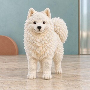 May include: A cream-colored crocheted dog figurine featuring a thick, textured coat made of yarn loops, a fluffy curled tail, dark brown eyes, and a black nose. The stuffed animal stands on four legs with a smiling expression and pointed ears.