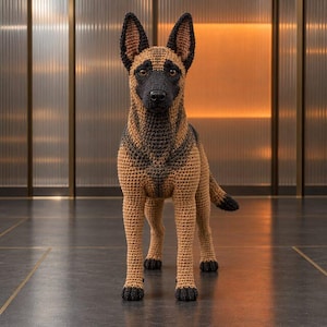 May include: A handcrafted crochet figurine of a Belgian Malinois dog. The figure features a tan and black yarn color scheme, with a distinct black muzzle, pointed ears, and a textured stitch pattern throughout its body, standing in a alert pose.
