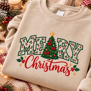 Embroidered Merry Christmas Sweatshirt, Christmas Tree Crewneck Shirt, Floral Patchwork Christmas Sweater, Festive Holiday Gift