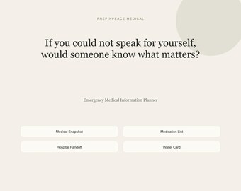 May include: An off-white Emergency Medical Information Planner with the text: PREPINPEACE MEDICAL, If you could not speak for yourself, would someone know what matters? It includes buttons labeled Medical Snapshot, Medication List, Hospital Handoff, and Wallet Card.