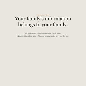 May include: A light beige graphic with the text PRIVACY FIRST, Your family's information belongs to your family. No permanent family-information cloud vault. No monthly subscription. Planner answers stay on your device.