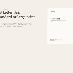 May include: A digital document template featuring the text PRINT YOUR WAY, US Letter, A4, Standard or large print, and Save your personalized PDFs digitally or print them at home or through a trusted provider, alongside a START HERE document page.