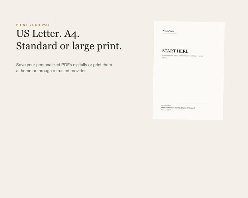 May include: A digital document template featuring the text PRINT YOUR WAY, US Letter, A4, Standard or large print, and Save your personalized PDFs digitally or print them at home or through a trusted provider, alongside a START HERE document page.