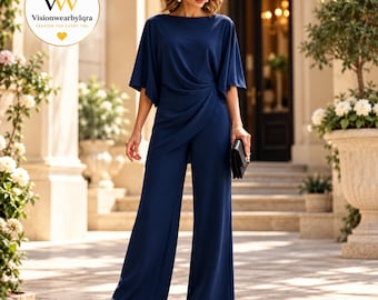 Elegant Draped Wide Leg Jumpsuit, Twist Waist, Formal Evening Outfit