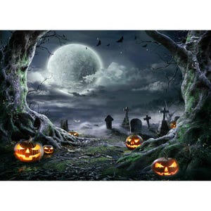 May include: A nighttime scene featuring a full moon in a cloudy sky above a graveyard with tombstones and crosses. Several glowing orange jack-o'-lanterns with carved faces are positioned among the gnarled tree roots in the foreground.